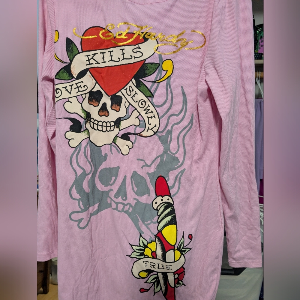Ed Hardy Retro Flash Ribbed Mini Dress - Pink Size 1X (EUC) - Picture 9 of 12